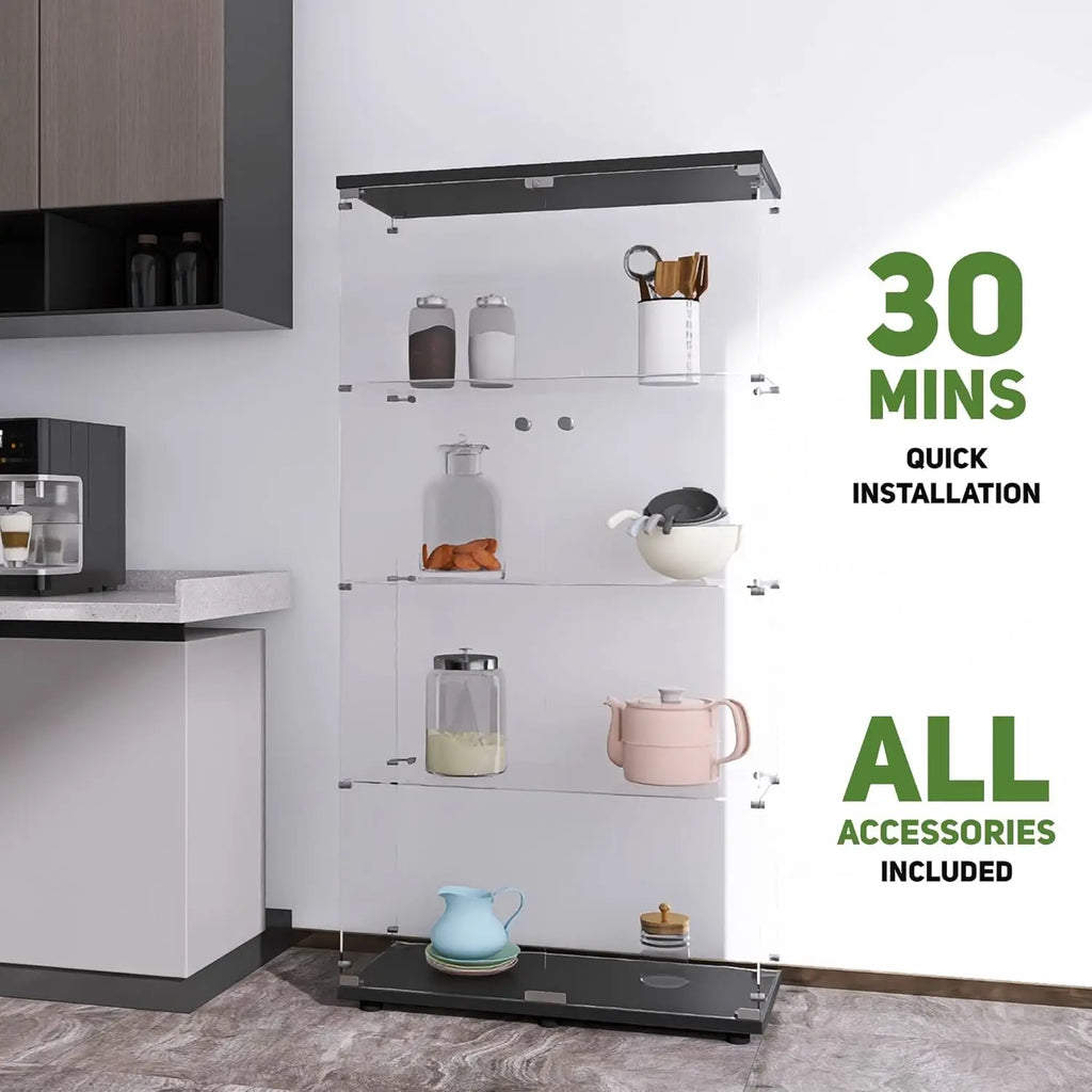 Glass Display Cabinet with 4 Shelves, 2 Doors Curio Cabinets for Living Room, Bedroom, Office, Floor Standing, Customized