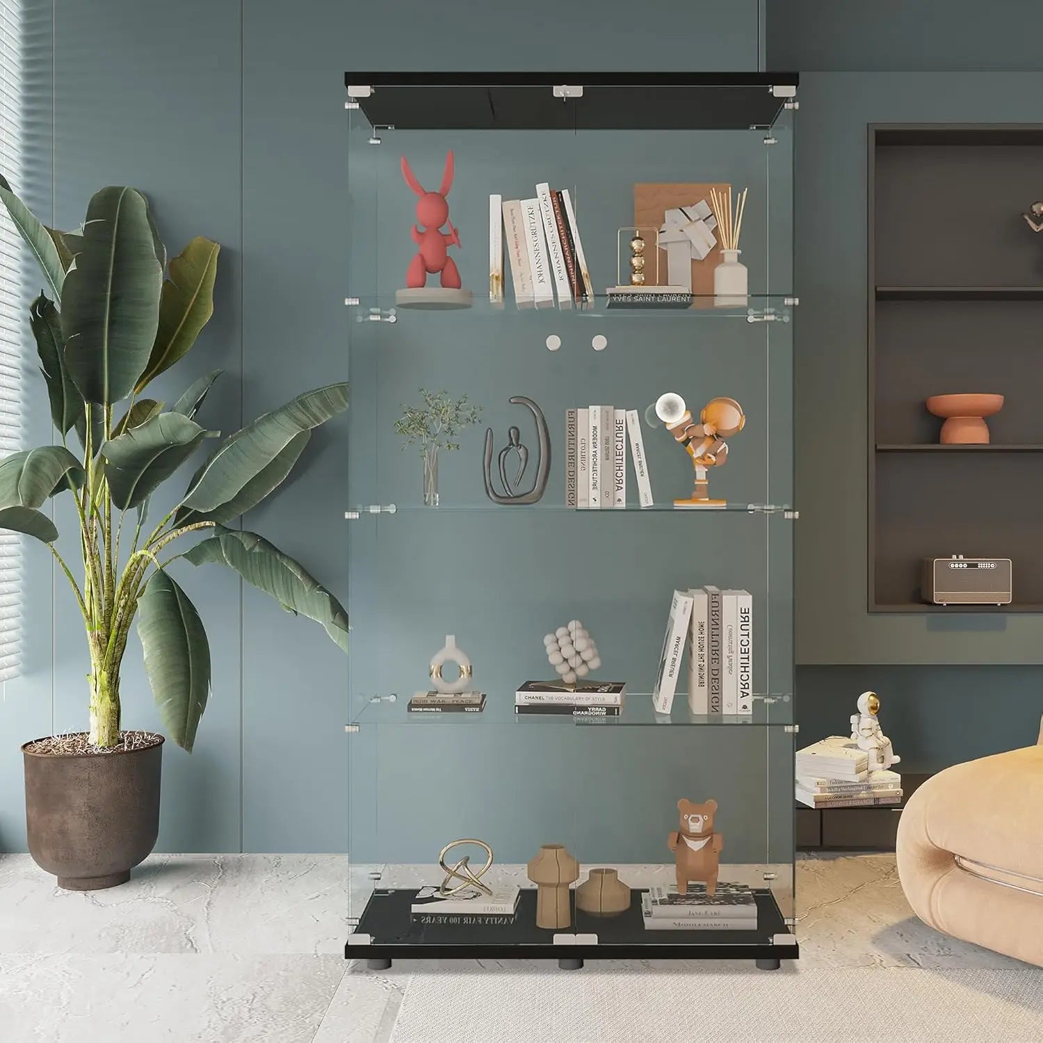 Glass Display Cabinet with 4 Shelves, 2 Doors Curio Cabinets for Living Room, Bedroom, Office, Floor Standing, Customized