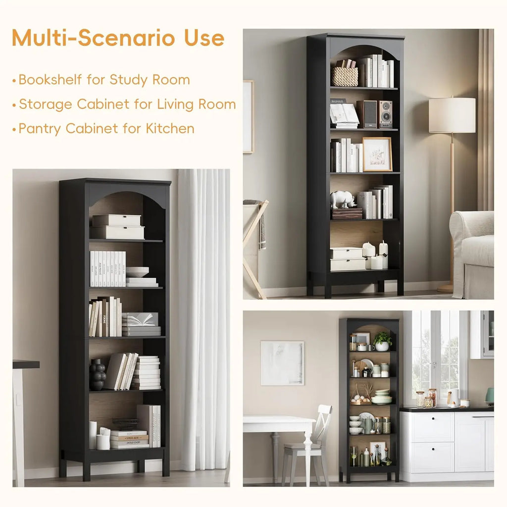 Arched Bookshelf with 5 Tier Open Shelves, 71" Tall Wood Bookcase with Adjustable Shelves, 24" Wide Floor Standing, Customized