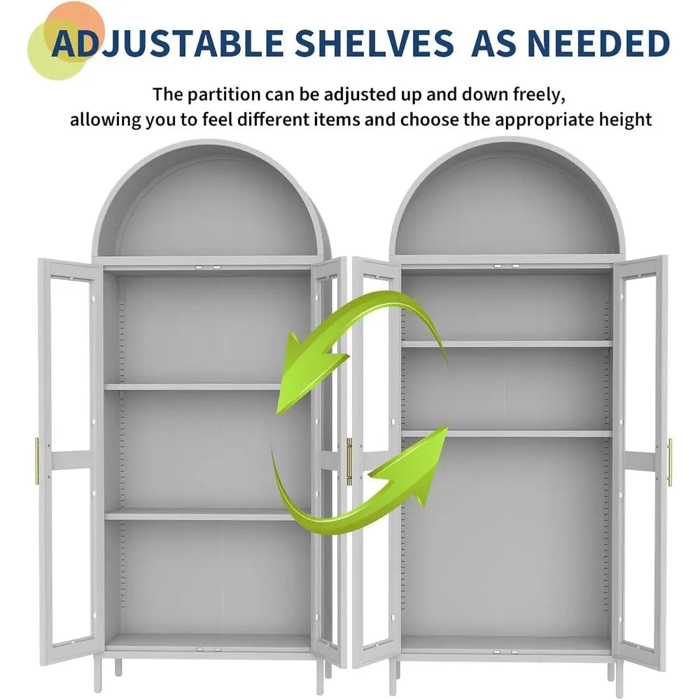 ern Arched Metal Cabinet with Glass Do& 2 Adjustable Shelves, 31"x15"x73"，reestanding Pantry Storage or Kitchen/Dining/Living Ro