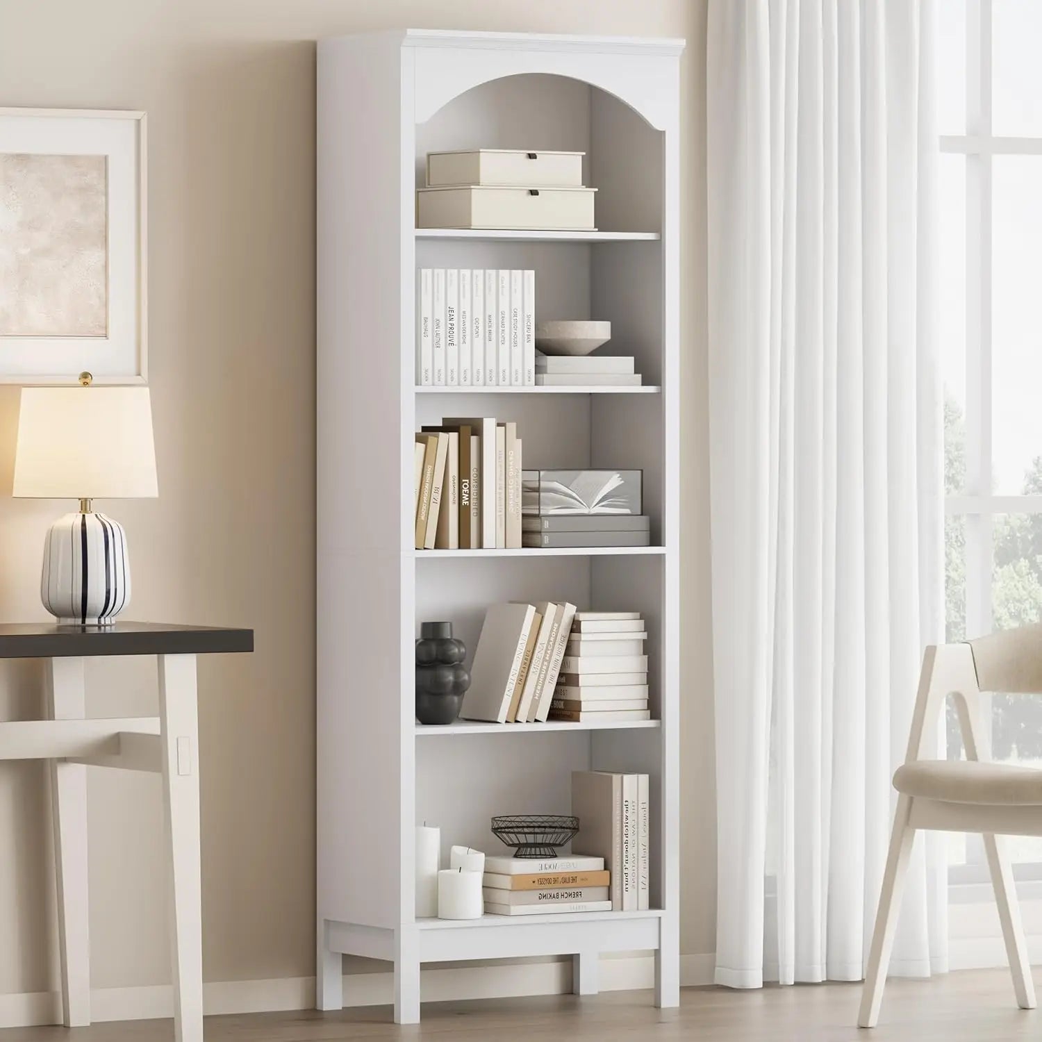 Arched Bookshelf with 5 Tier Open Shelves, 71" Tall Wood Bookcase with Adjustable Shelves, 24" Wide Floor Standing, Customized