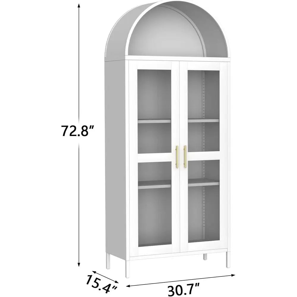 ern Arched Metal Cabinet with Glass Do& 2 Adjustable Shelves, 31"x15"x73"，reestanding Pantry Storage or Kitchen/Dining/Living Ro