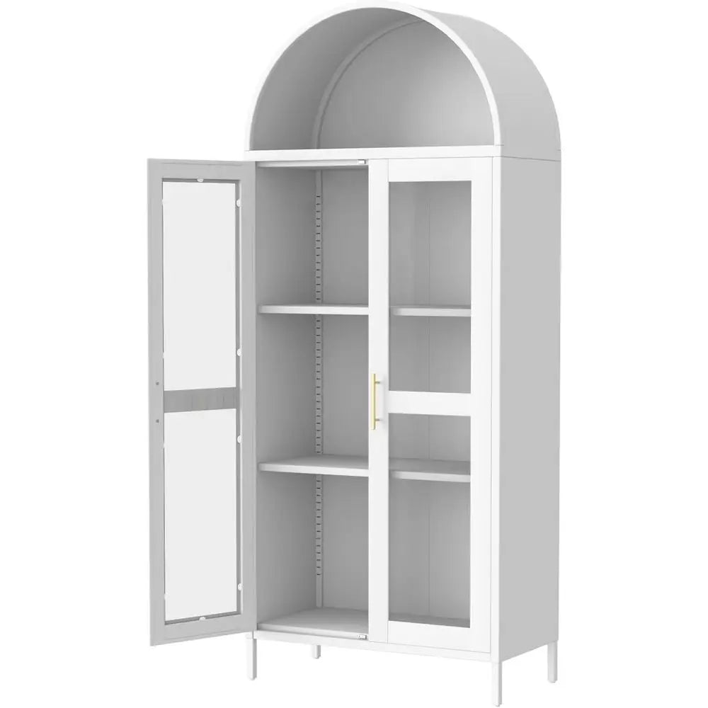 ern Arched Metal Cabinet with Glass Do& 2 Adjustable Shelves, 31"x15"x73"，reestanding Pantry Storage or Kitchen/Dining/Living Ro